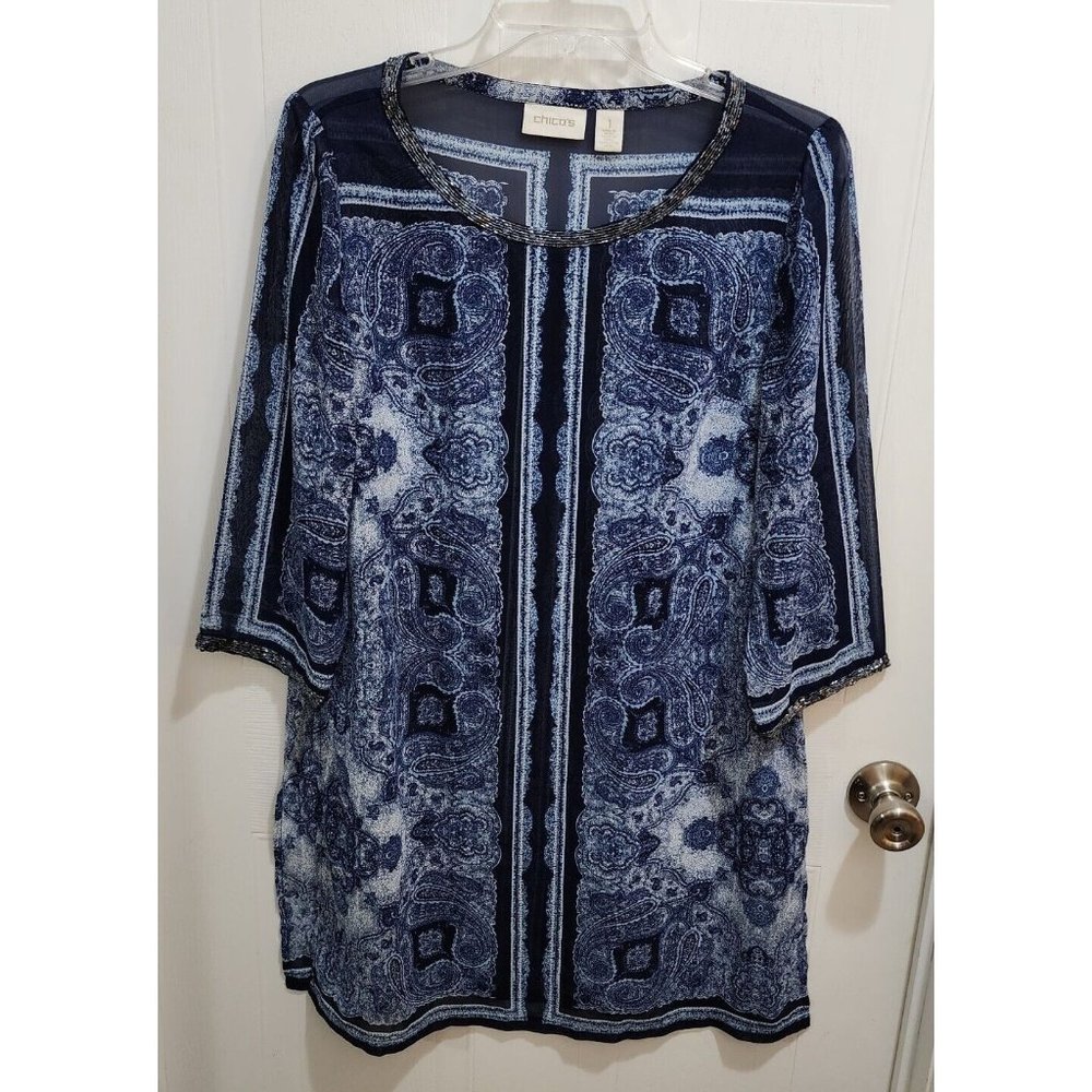 Chico’s Womens Sheer Blouse Top Cover Up Beaded Collar/Sleeves Blue Pattern Sz M